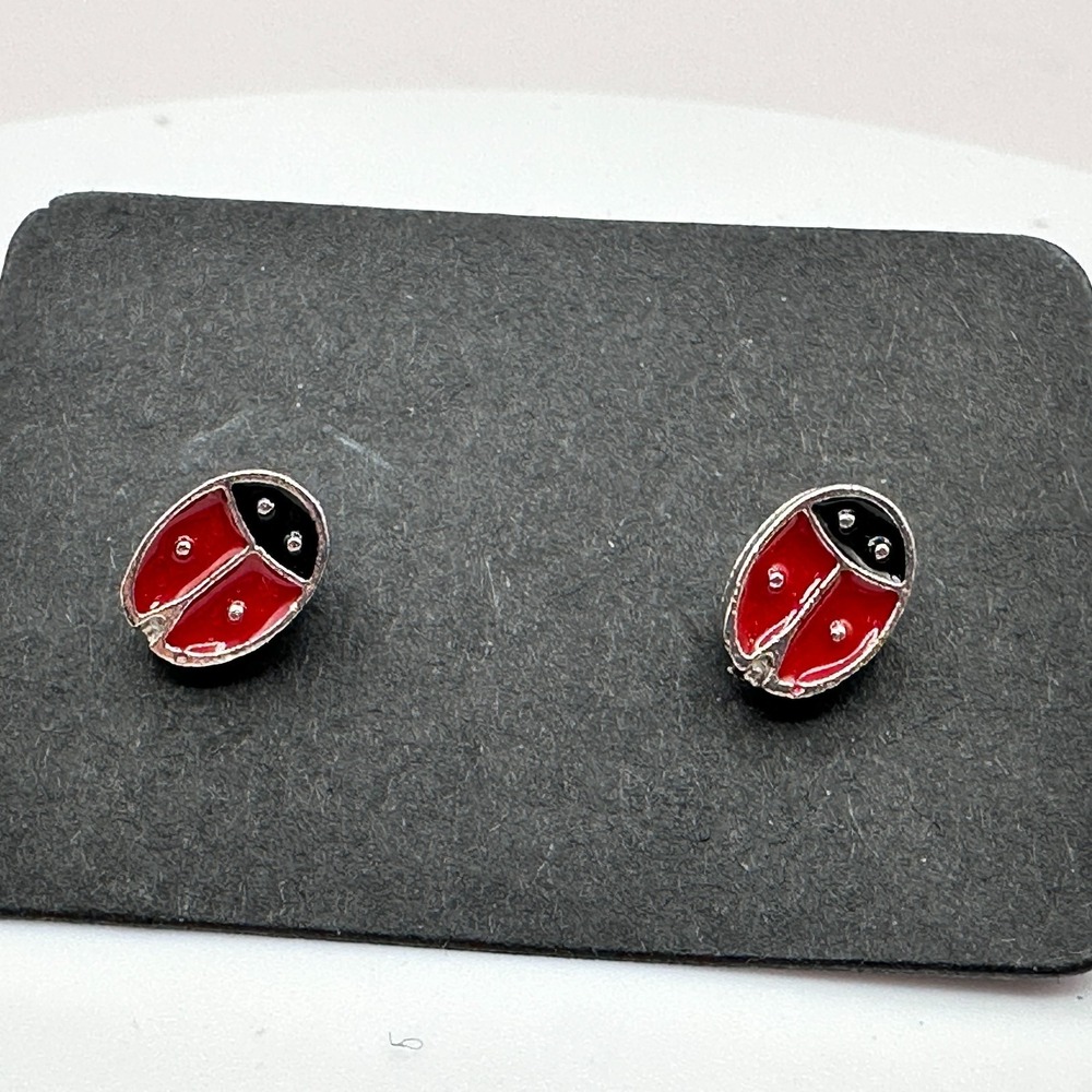 Vintage 90s Red Enamel Ladybug Stud Earrings Silver Tone Jewelry Dainty Nature